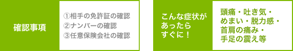 【確認事項】①相手の免許証の確認②ナンバーの確認③任意保険会社の確認 【こんな症状があったらすぐに！】頭痛・吐き気・めまい・脱力感・首肩の痛み・手足の震え等